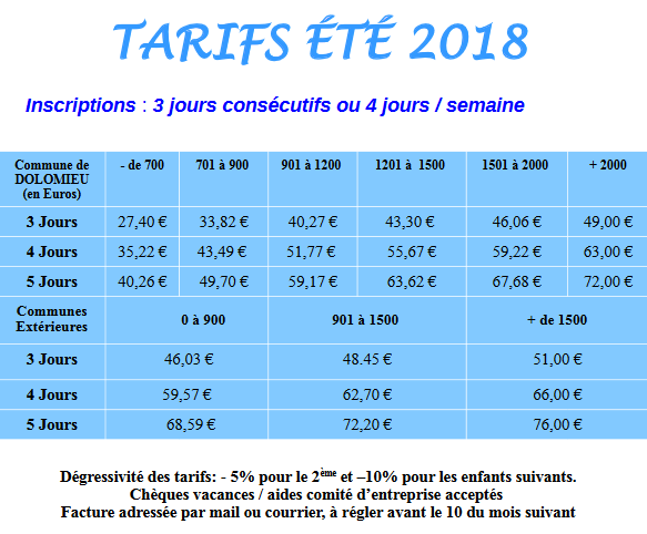 Tarifs été 2018 - Dolo'minots 3/12 ans