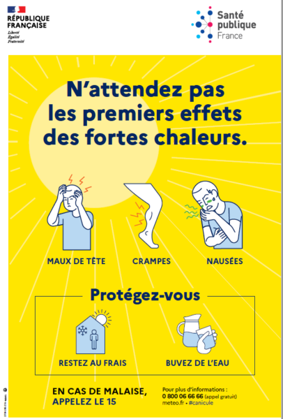 chaleur, protéger, maux de tête, crampes, restez au frais, buvez
