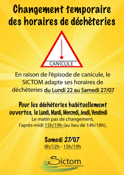 SICTOM, horaires canicule, juillet 2019, déchèteries, changement temporaire