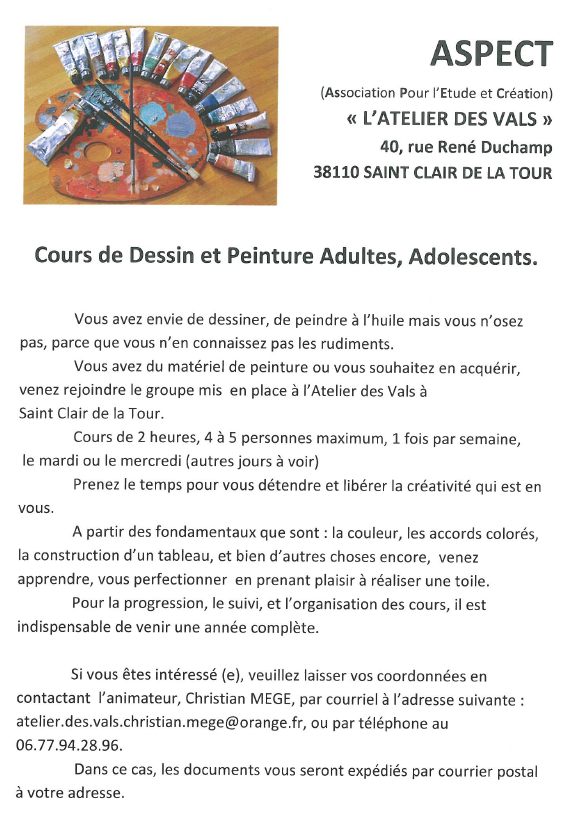 ASPECT, atelier des Vals, cours de dessin, peinture, peidre, créativité, tableau, apprendre, perfectionner, toile