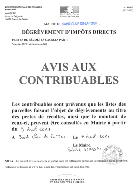 avis, contribuable, impôts, calamités, sécheresse, dégrèvement, récoltes