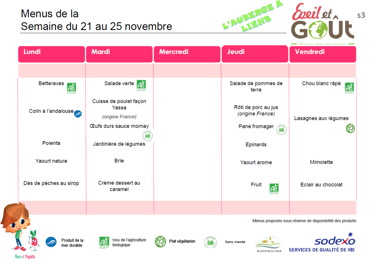 CANTINE menus de la semaine du 21 au 25 novembre 2022 - Saint Clair de ...