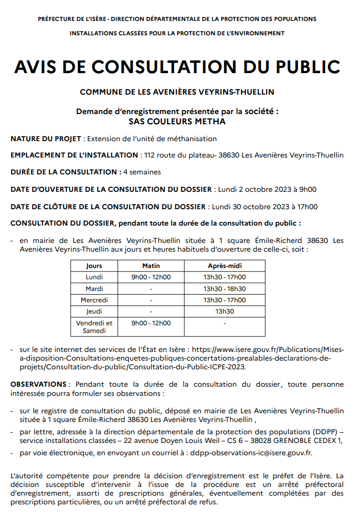 avis, consultation, public, les Avenières, Veyrins-Thuellin, SAS COULEURS METHA, extension, unité, méthanisation